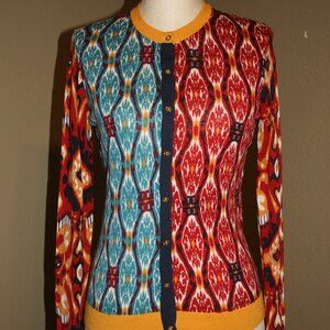 TORY BURCH MERINO WOOL SWEATER GABBY CARDIGAN KNITTED TEAL & RED - MEDIUM 4 6
